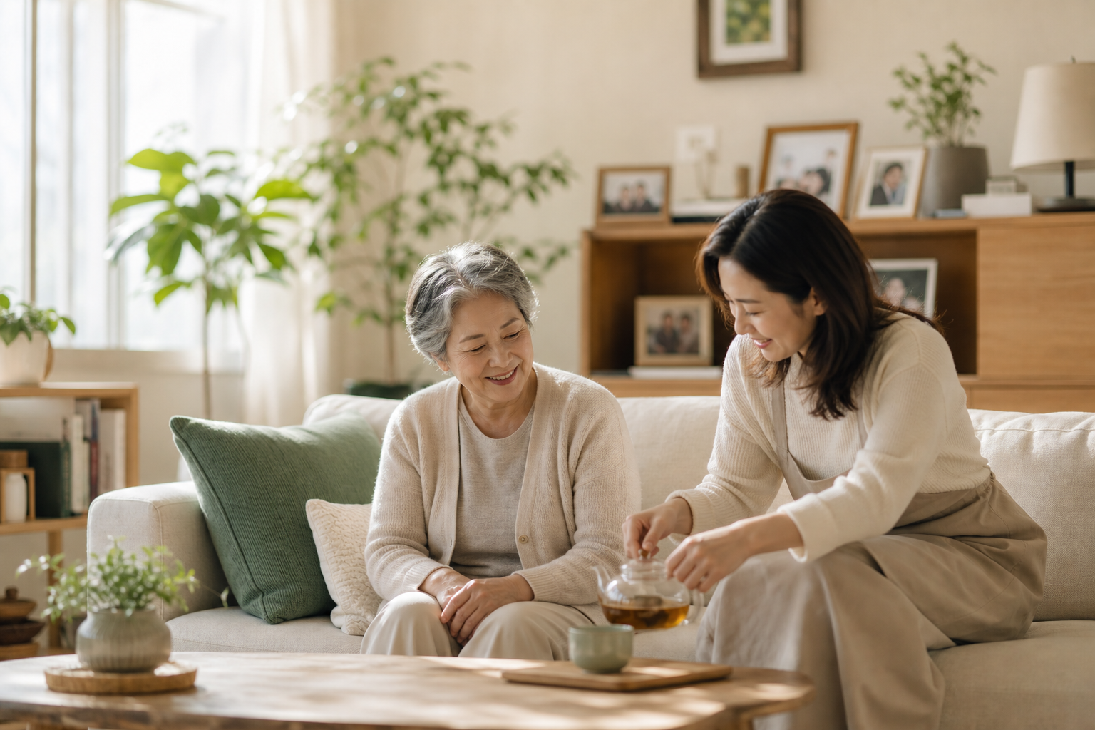 家人在客廳中為長輩倒茶，呈現日常陪伴與照護的溫暖情境